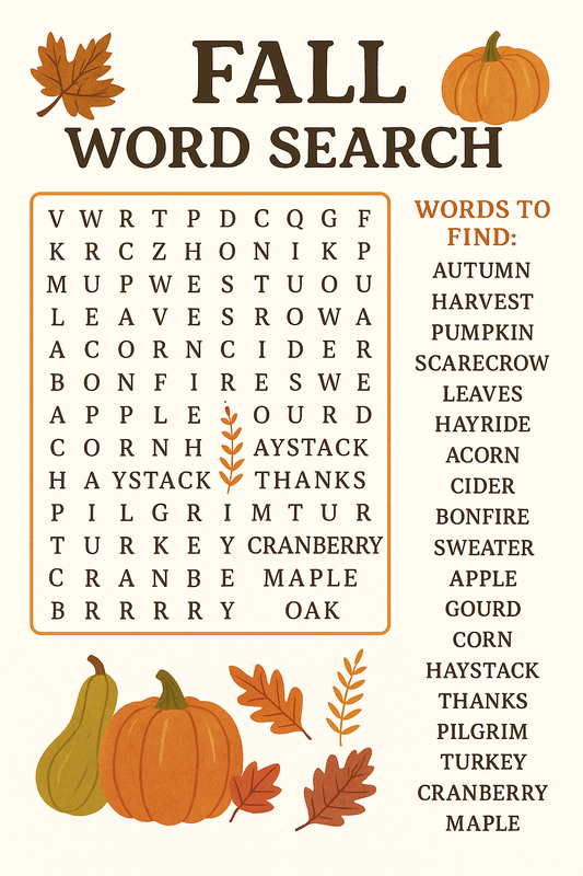 🍂 Fall Word Search Printable – Cozy Autumn Activity